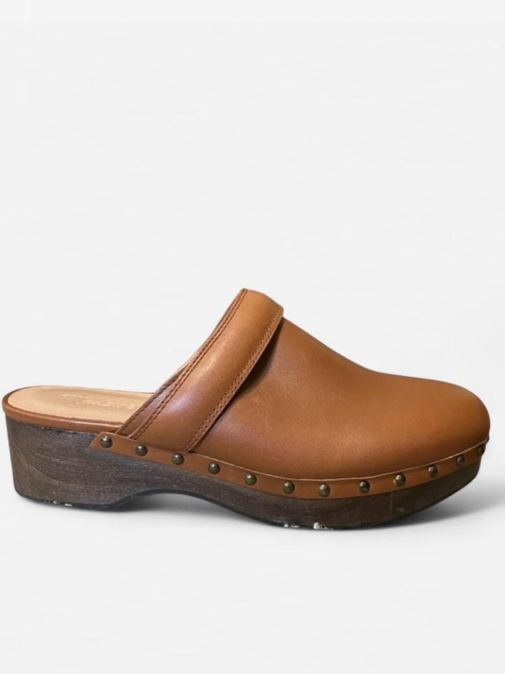 Madewell Cognac Leather Studded Clog Mule Faux Wood Bottom Women’s Size 8 - Picture 2 of 7